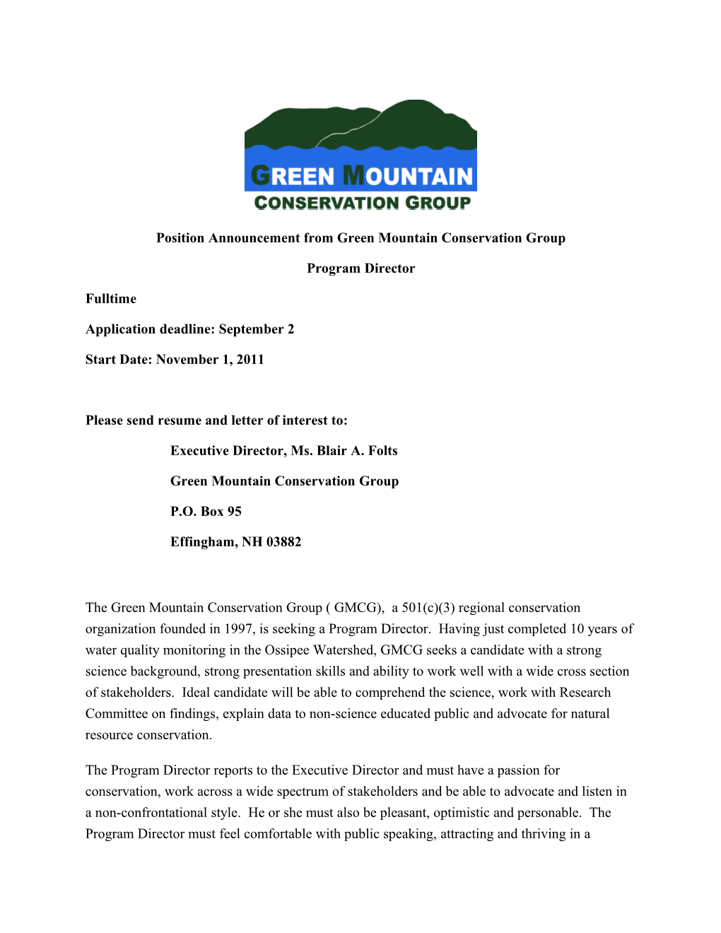 Job Description-Position Announcement from Green Mountain Conservation Group