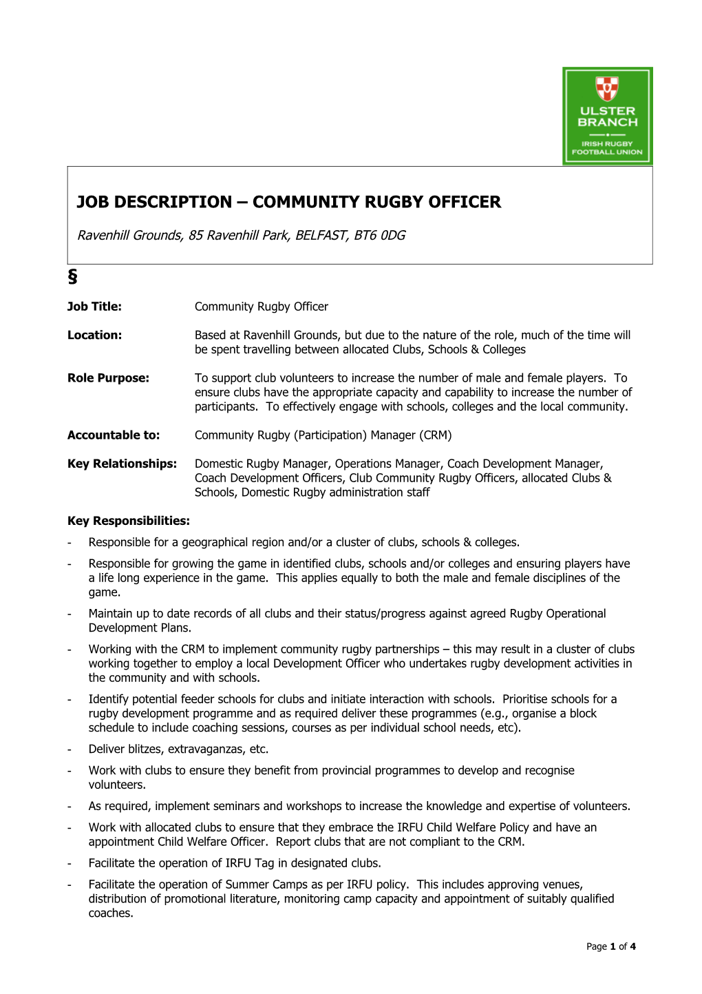 Job Title: Community Rugby Officer