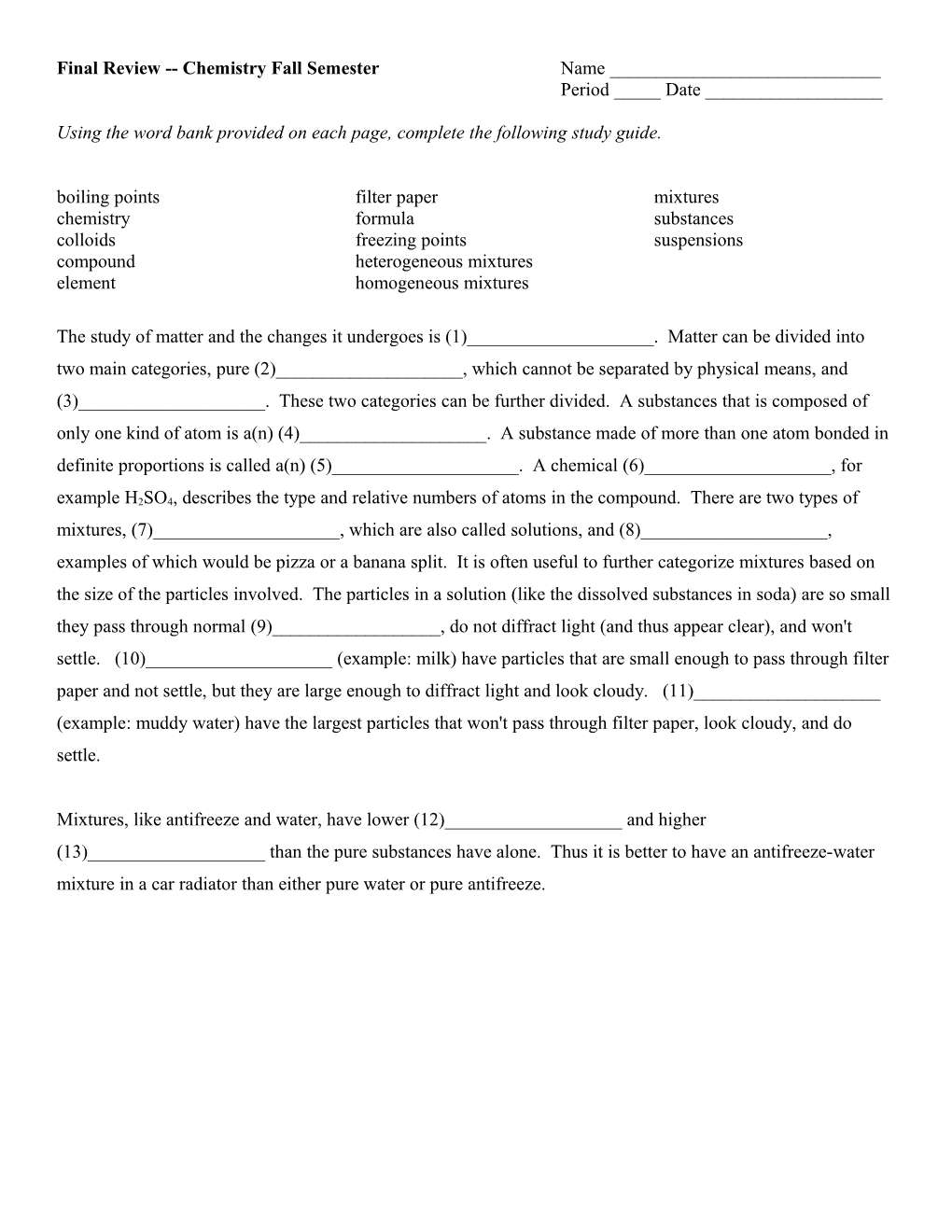 Final Review Chemistry Fall Semester