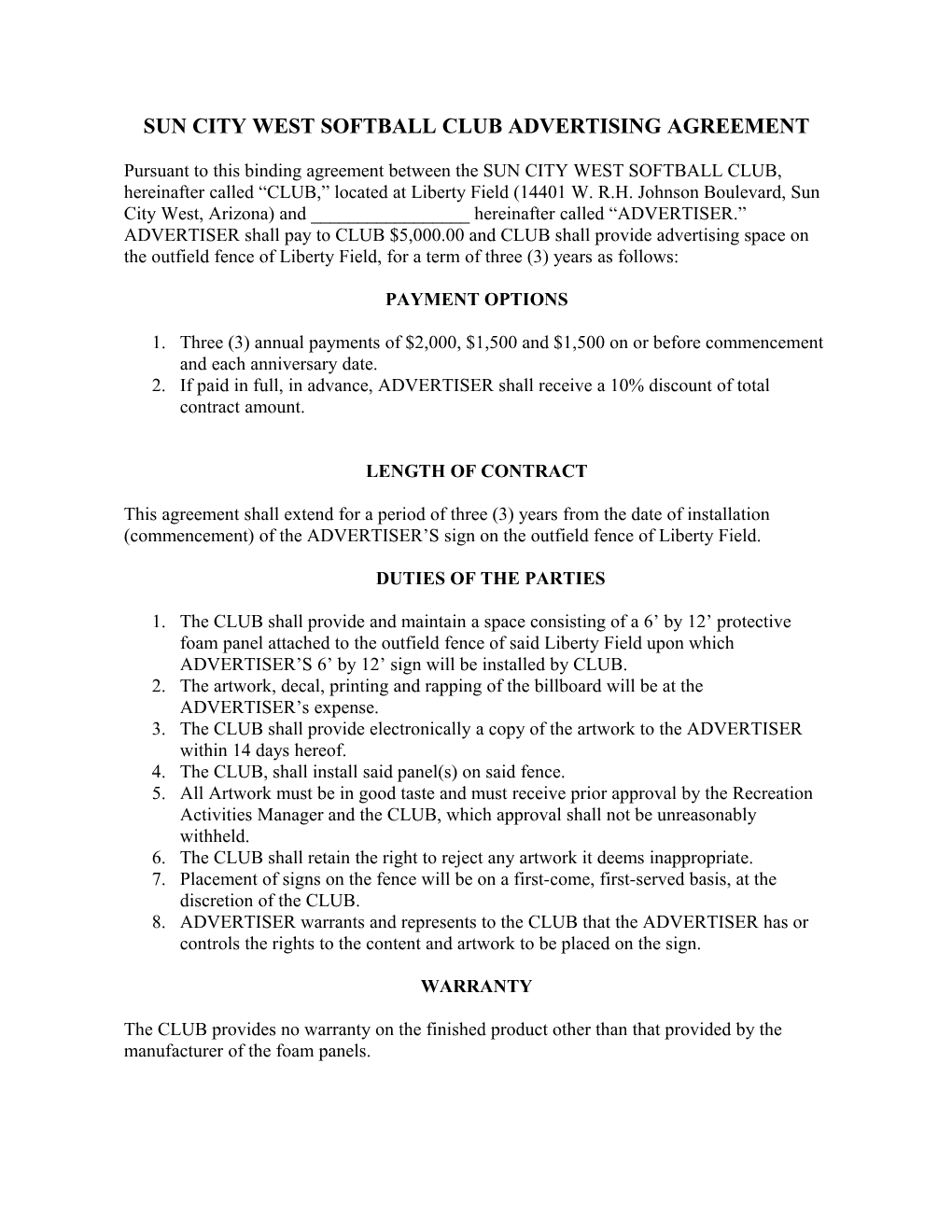 Sun City West Softball Club Advertising Agreement