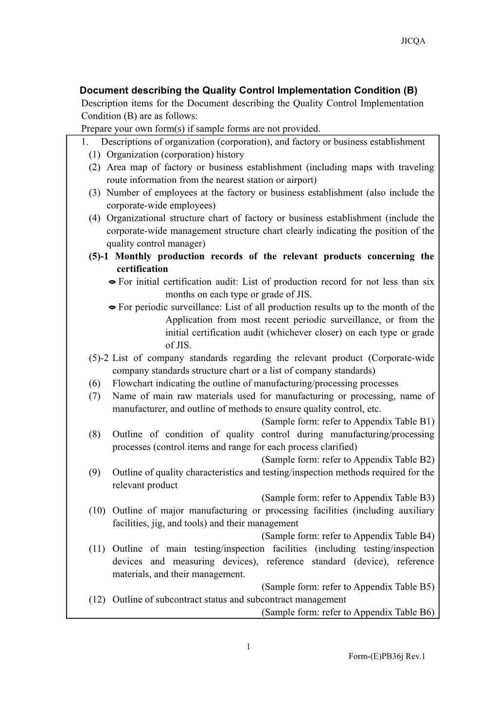 Document Describing the Quality Control Implementation Condition (B)