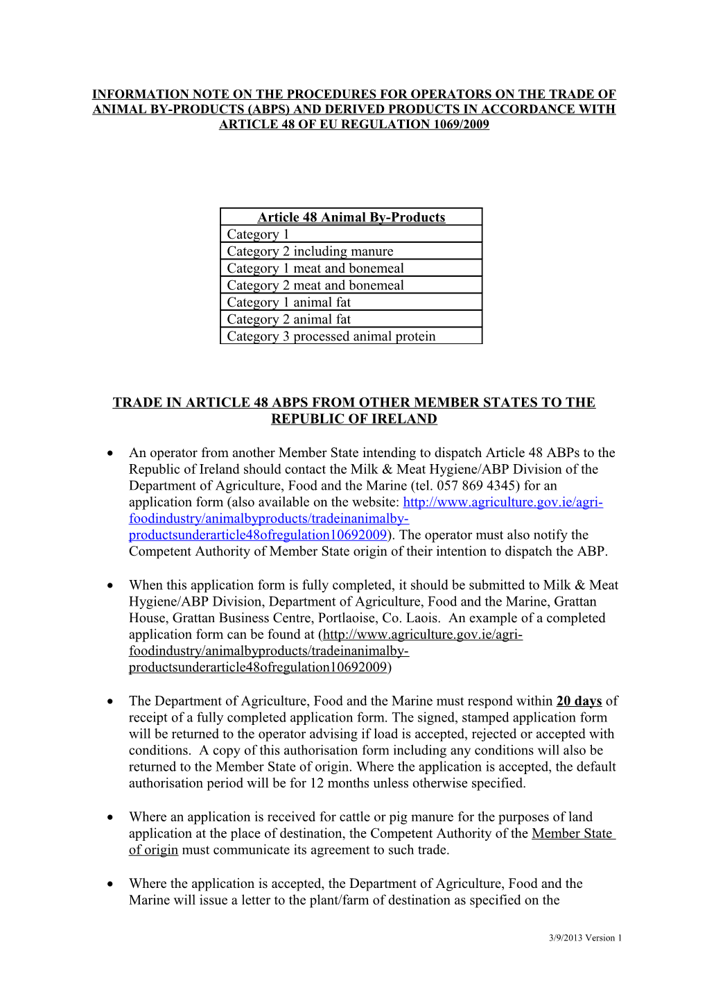 Trade in Article 48 Abps from Other Member States to the Republic of Ireland