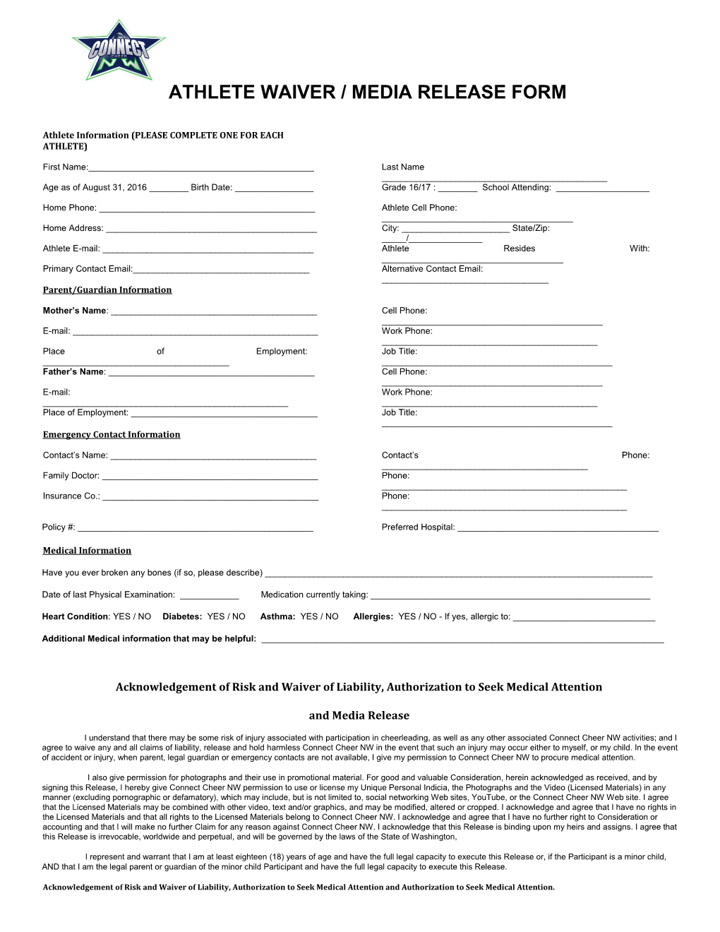 Athlete Waiver /Mediarelease Form