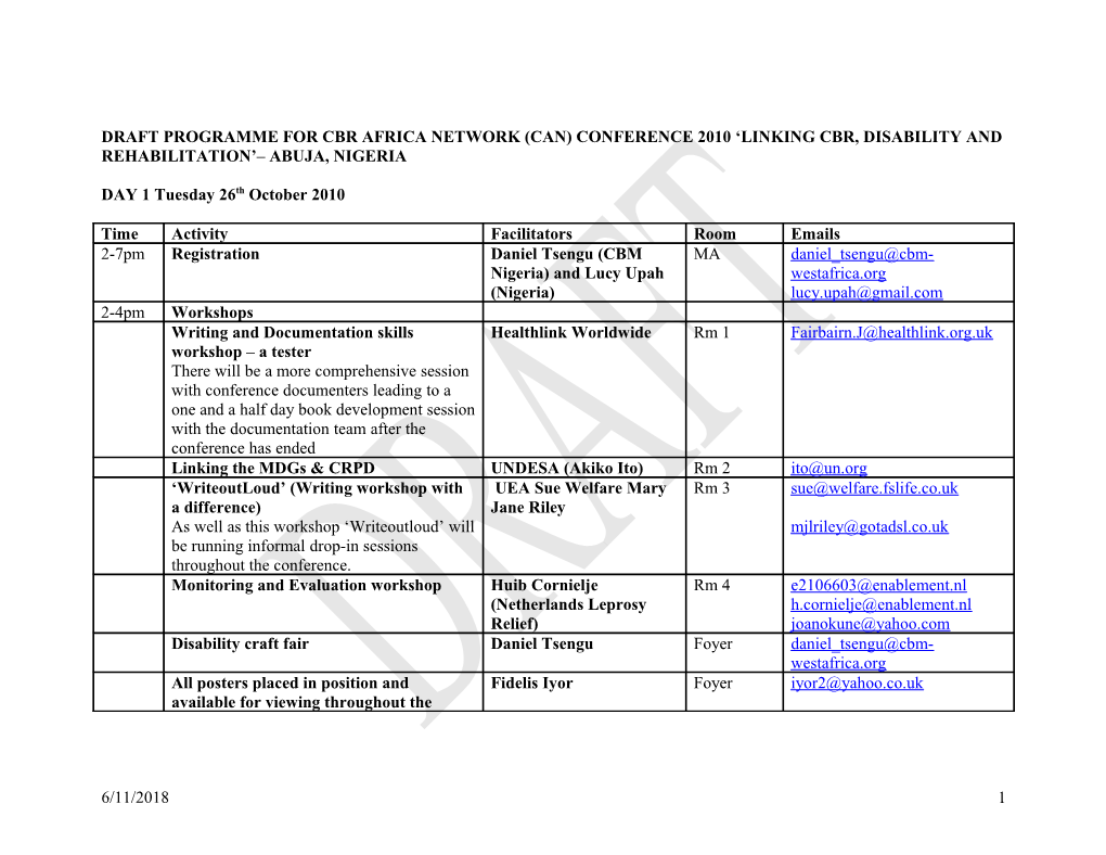 Draft Programme for the Cbr Africa Network (Can) Conference 2010 Abuja, Nigeria