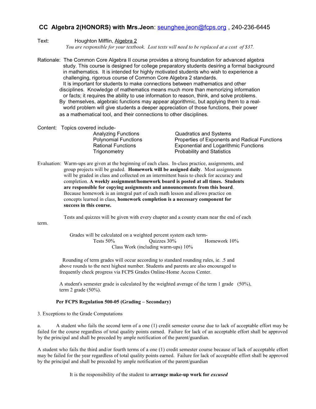 CC Algebra 2(HONORS) with Mrs