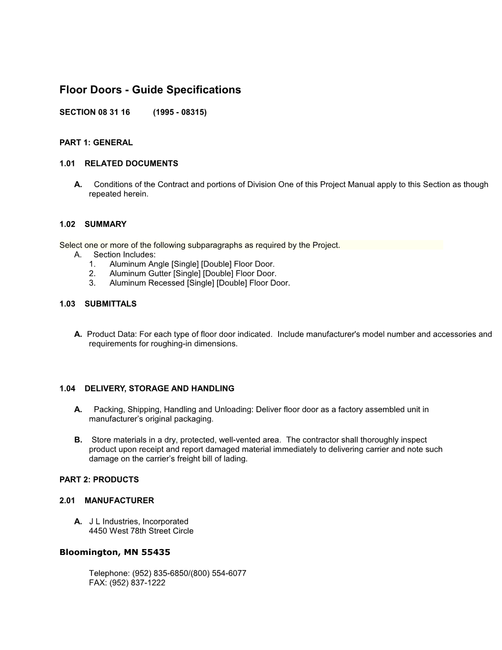 Floor Doors - Guide Specifications