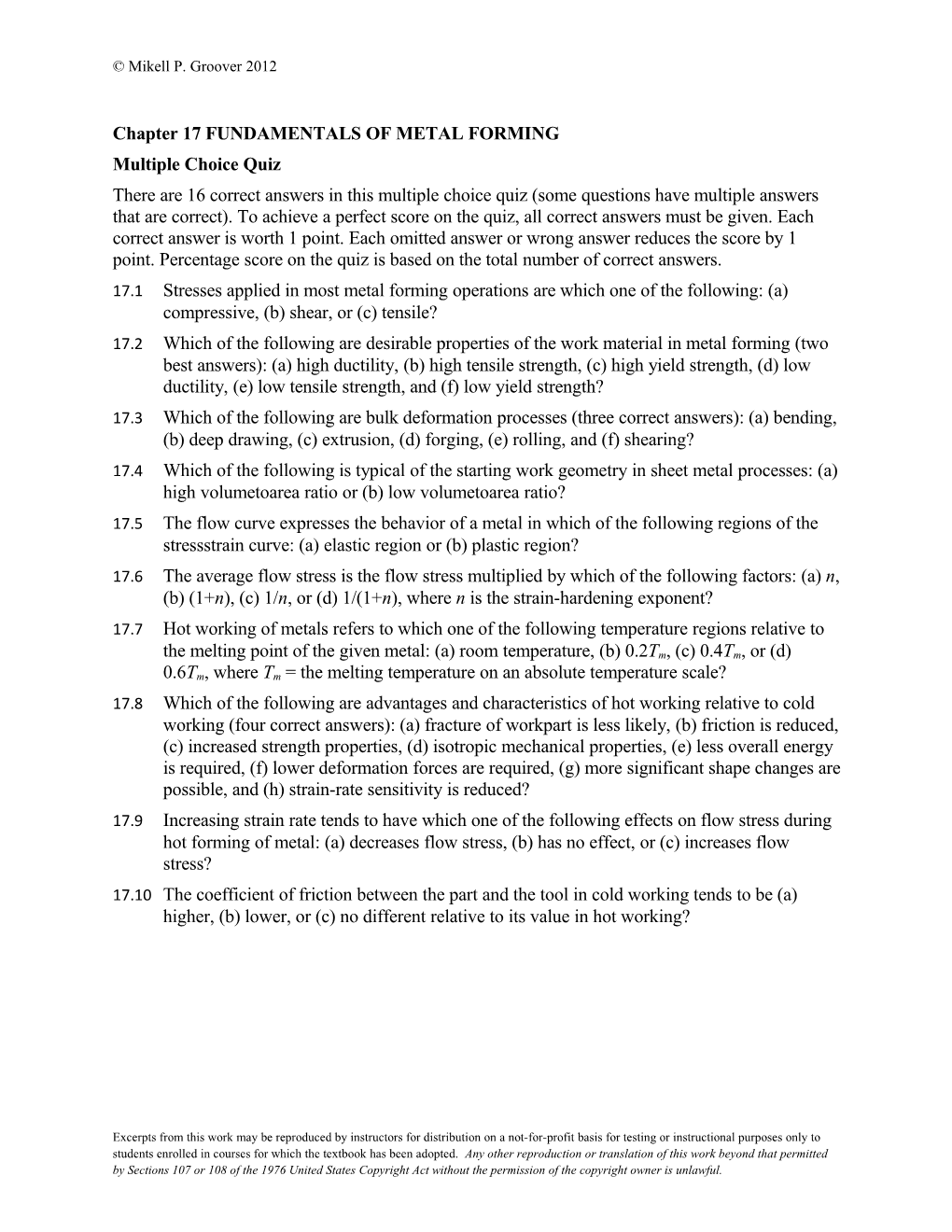 Chapter 17 FUNDAMENTALS of METAL FORMING