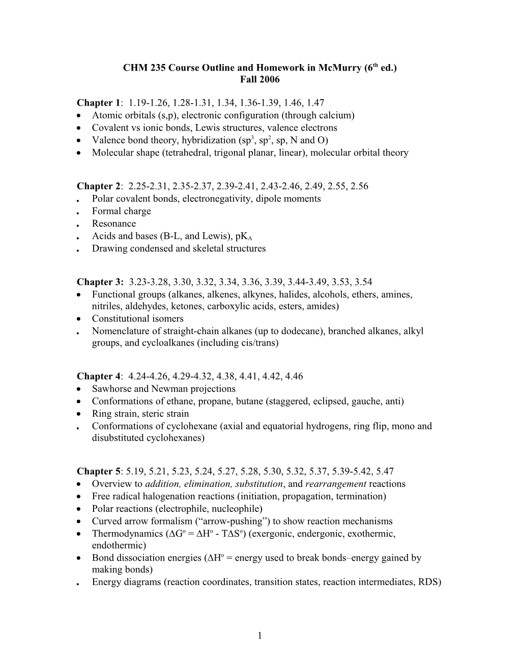 CHM 235 Course Outline and Homework in Mcmurry (6Th Ed.)