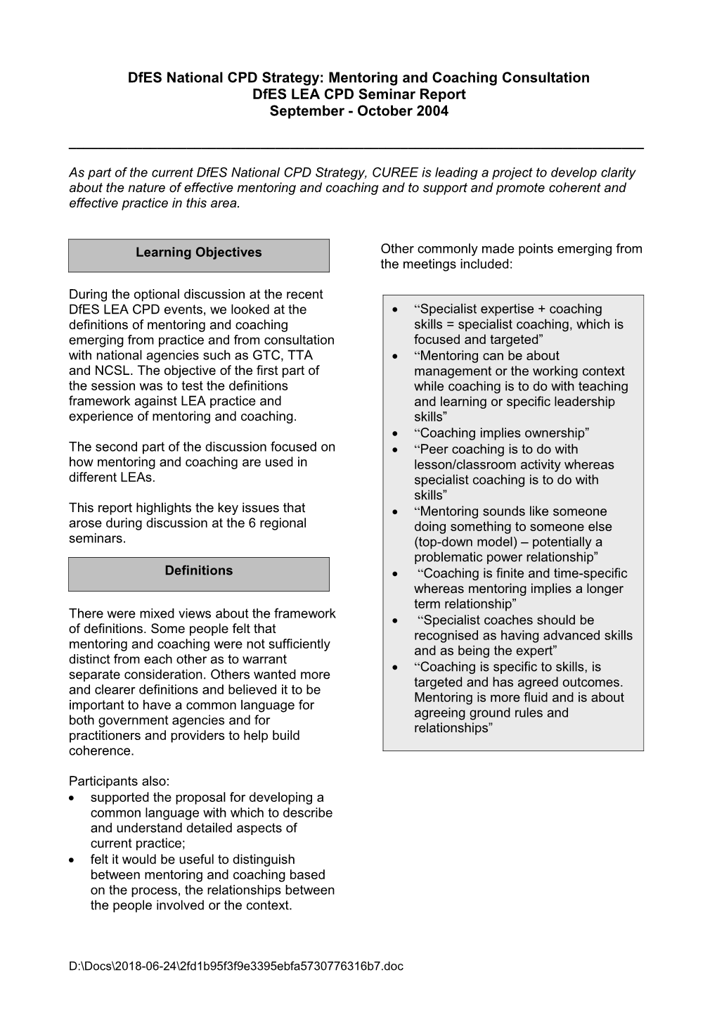 Dfes CPD National Strategy: Mentoring and Coaching Consultation