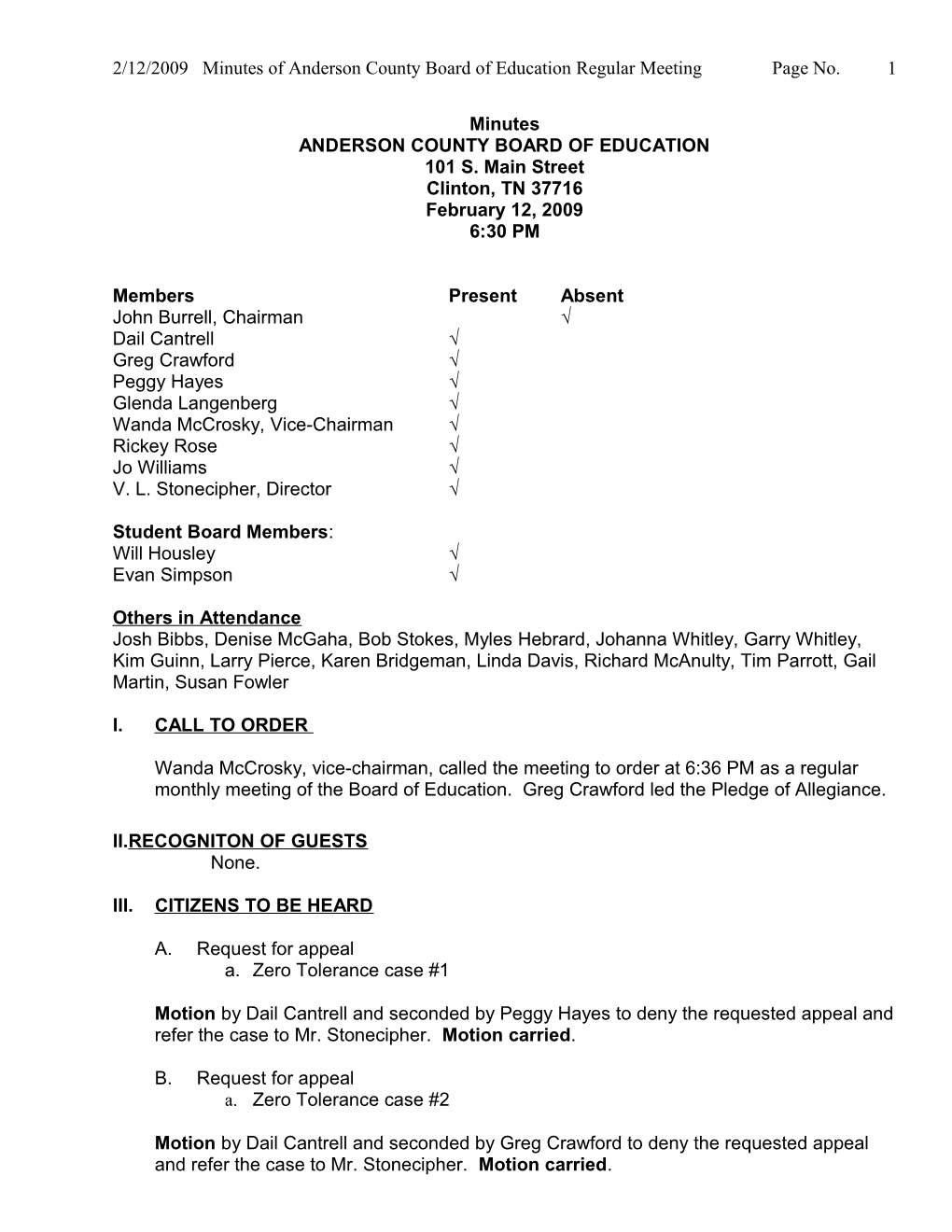 2/12/2009 Minutes of Anderson County Board of Education Regular Meeting Page No