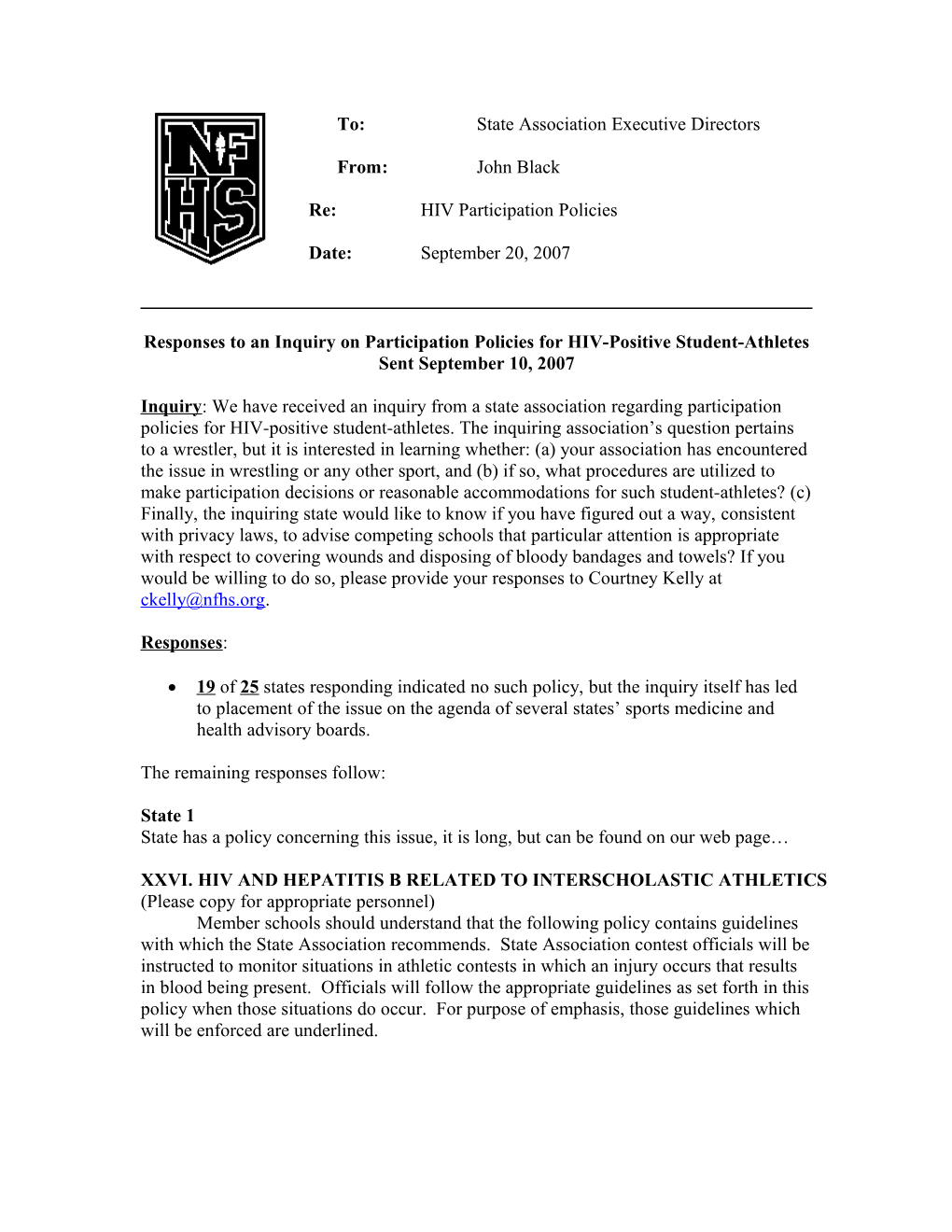 Responses to an Inquiry on Participation Policies for HIV-Positive Student-Athletes