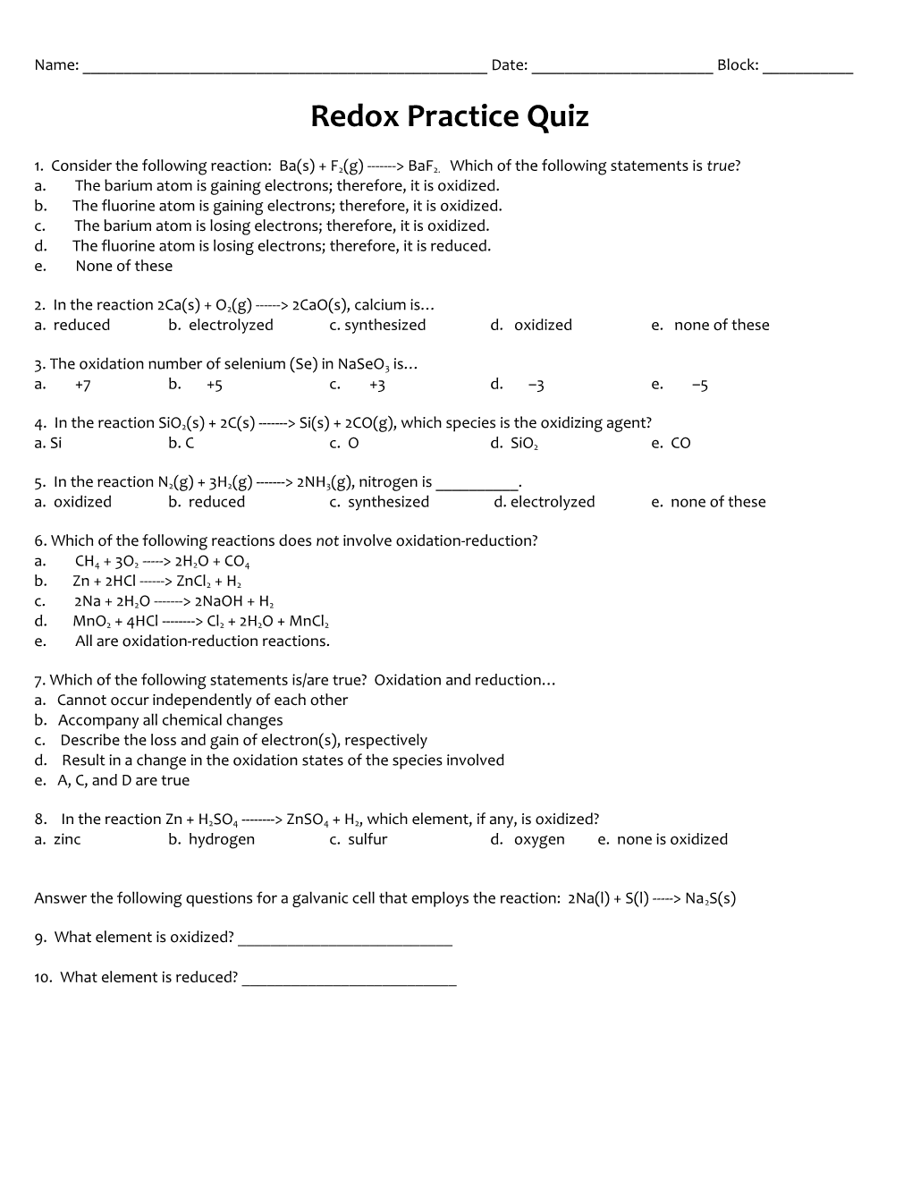 Practice Test/Quiz for Redox