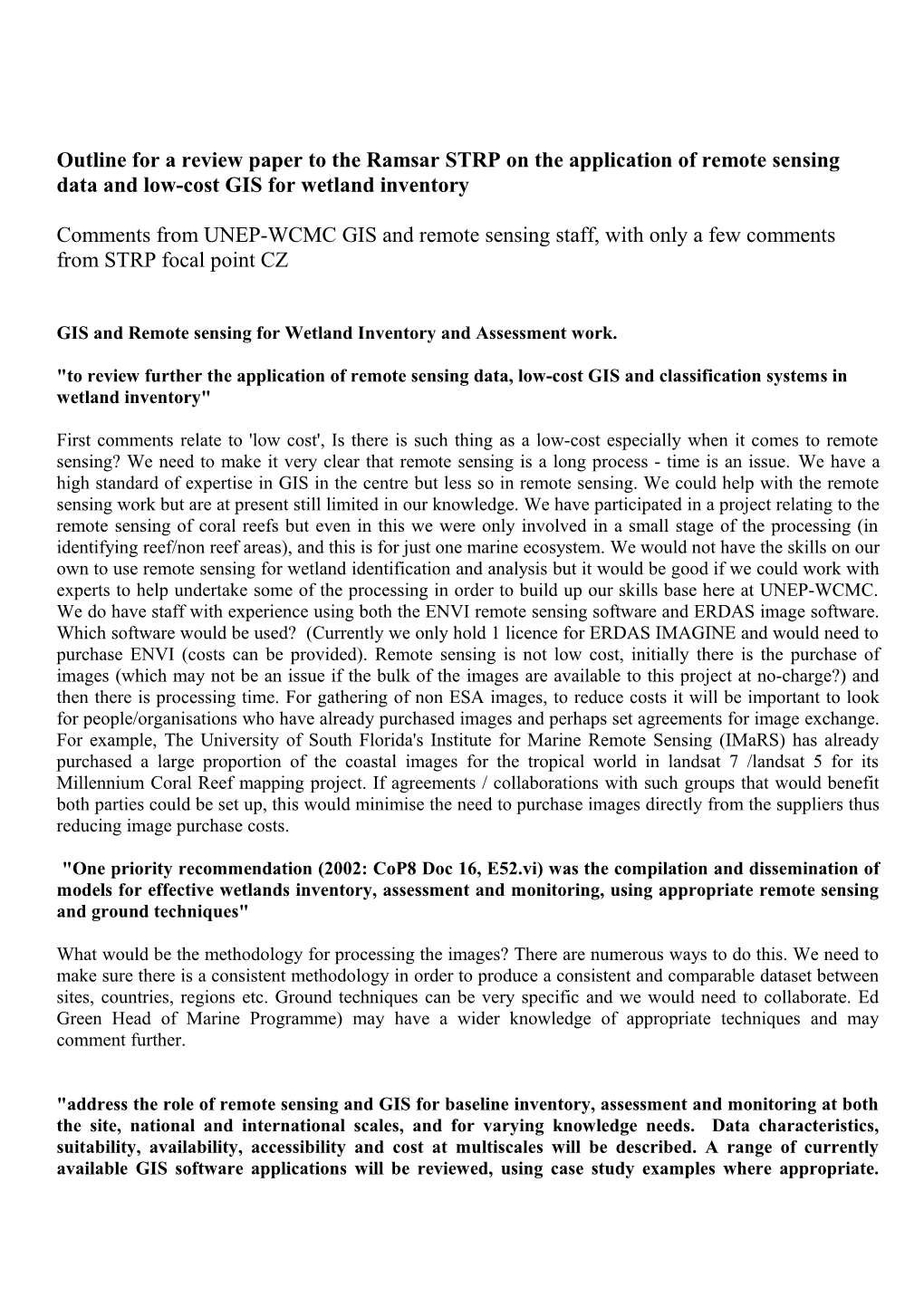 Outline for a Review Paper to the Ramsar STRP on the Application of Remote Sensing Data