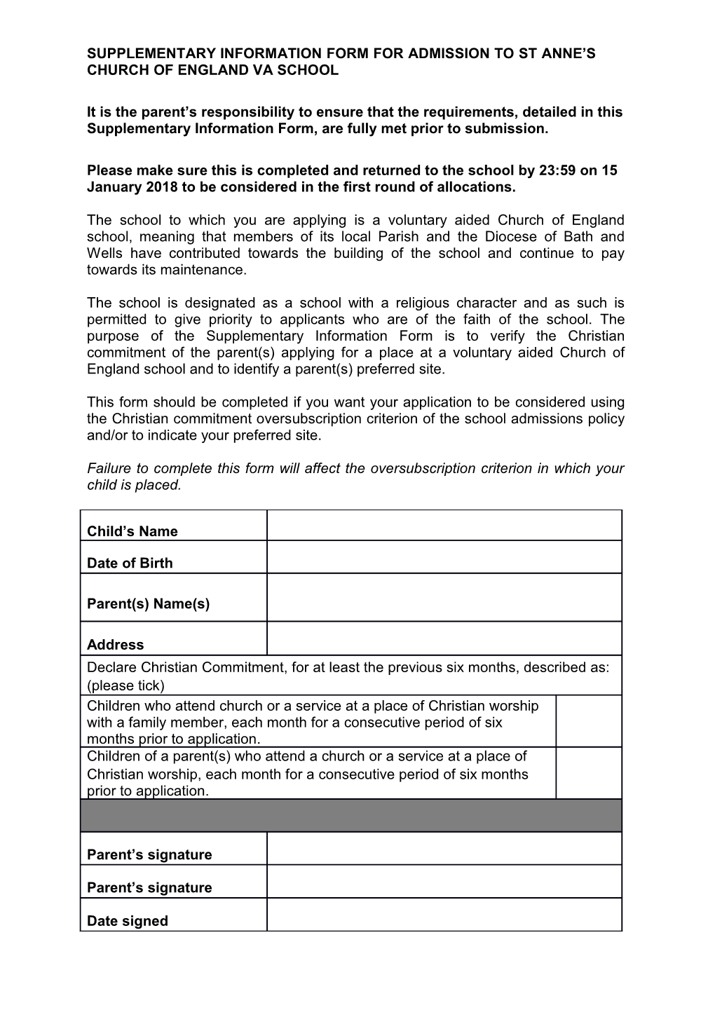 Supplementary Information Form for Admission to St Anne S Church of England Va School