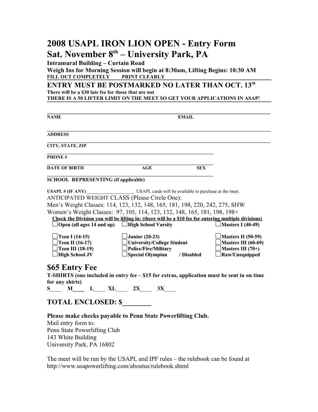 IRON LION OPEN - Entry Form