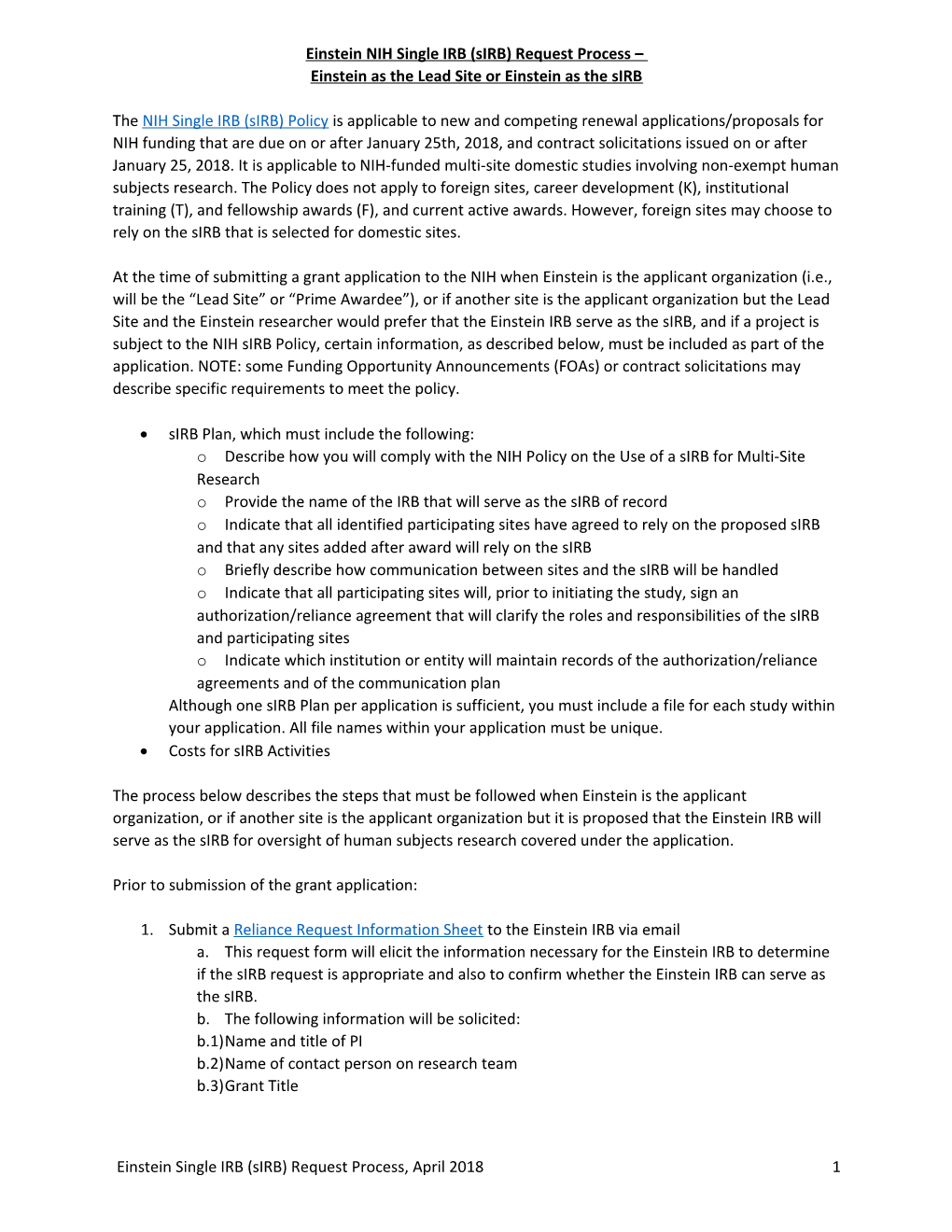 Einsteinnih Single IRB (Sirb) Request Process