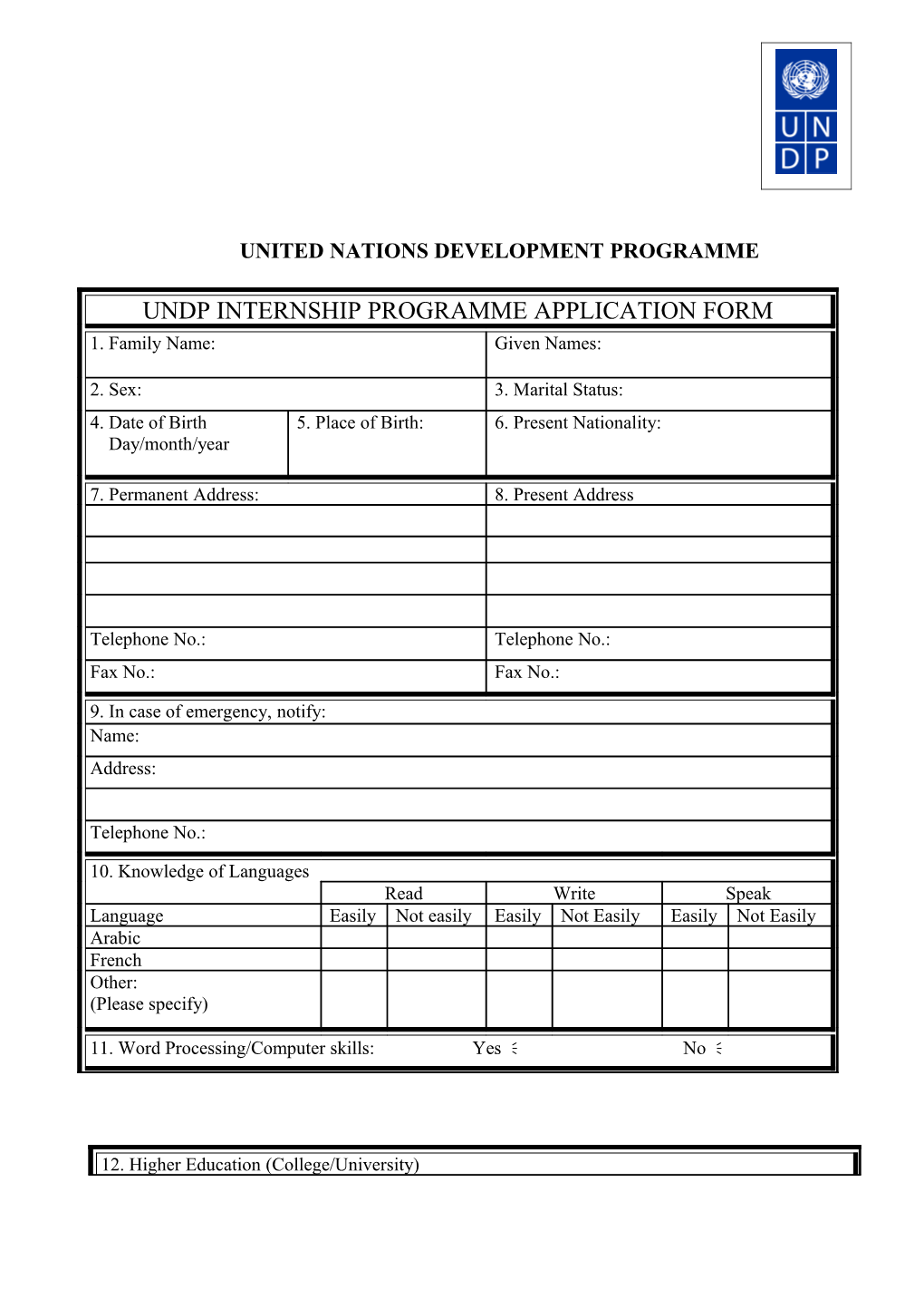 Internship Programme Application Form