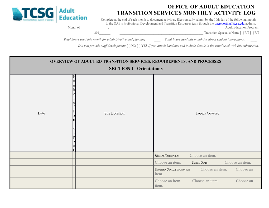 Transition Services Monthly Activity Log