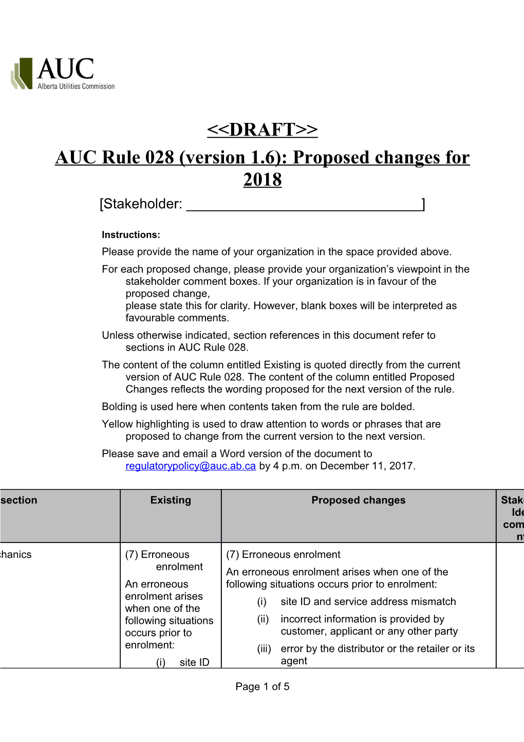 Stakeholder Comment Table for Proposed Changes to Rule 028