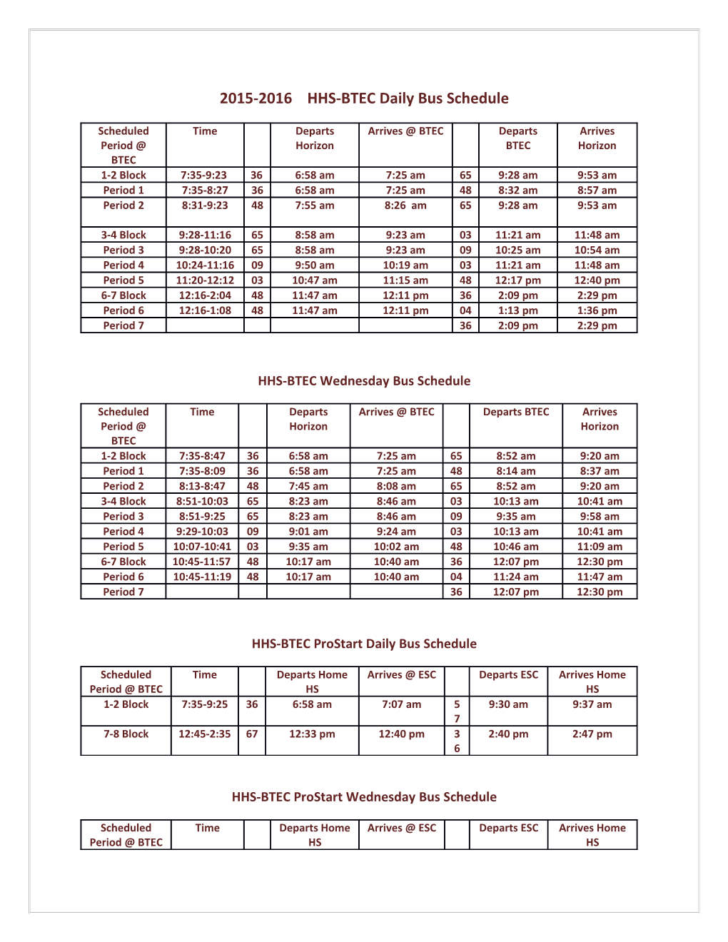 2015-2016 HHS-BTEC Daily Bus Schedule