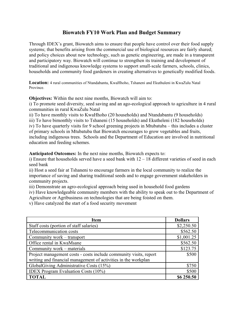 Biowatch FY10 Work Plan and Budget Summary