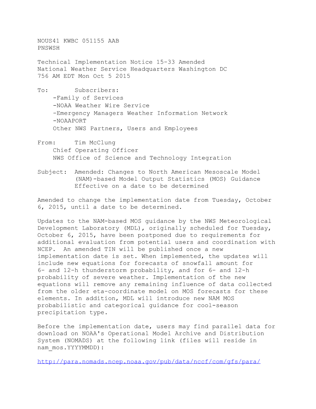 Technical Implementation Notice 15-33 Amended