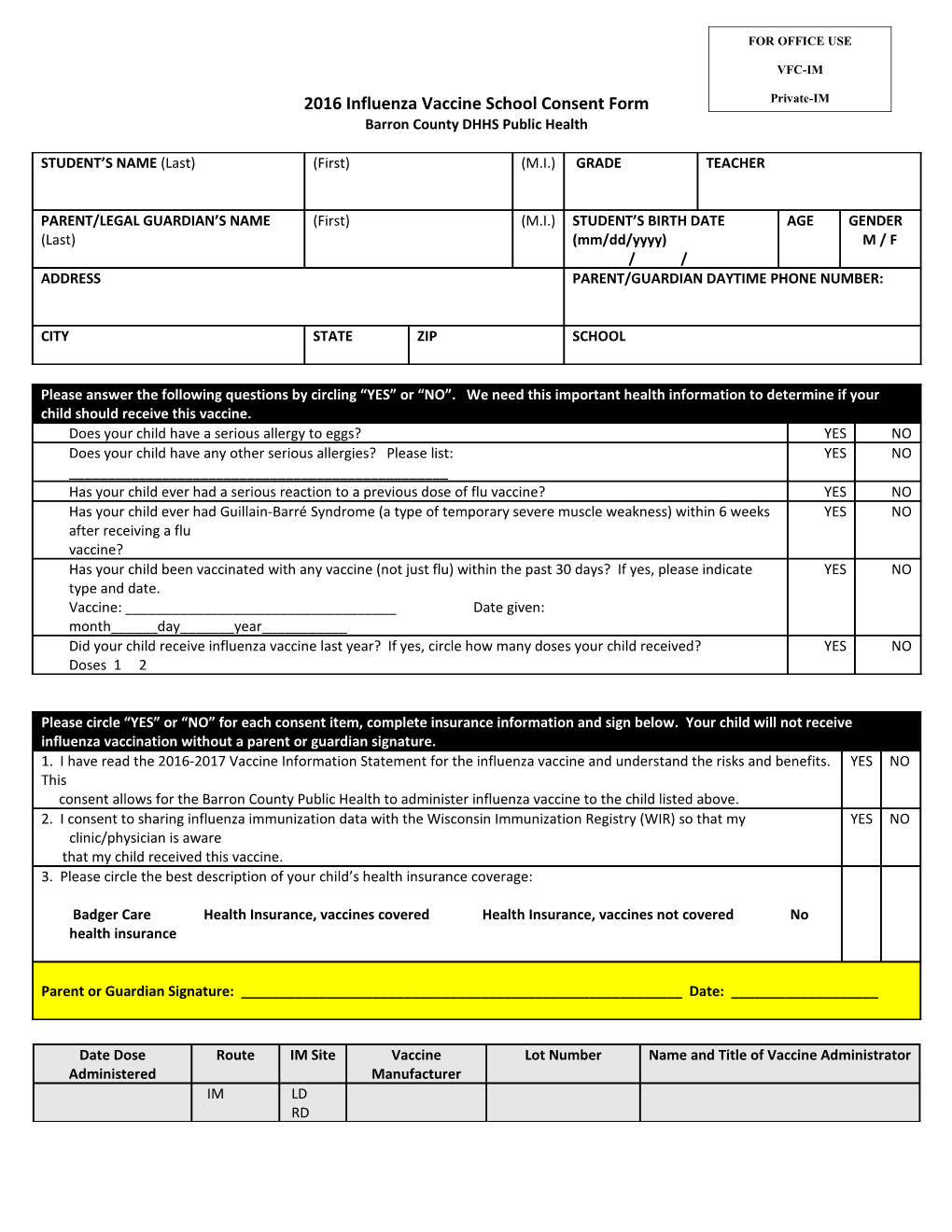 2009 H1N1 Influenza Vaccine Consent Form for Use with Either Intramuscular, Injectable