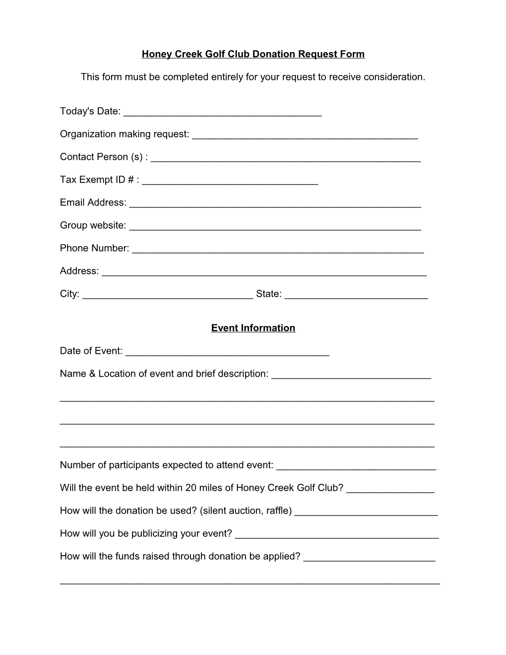 Honey Creek Golf Club Donation Request Form