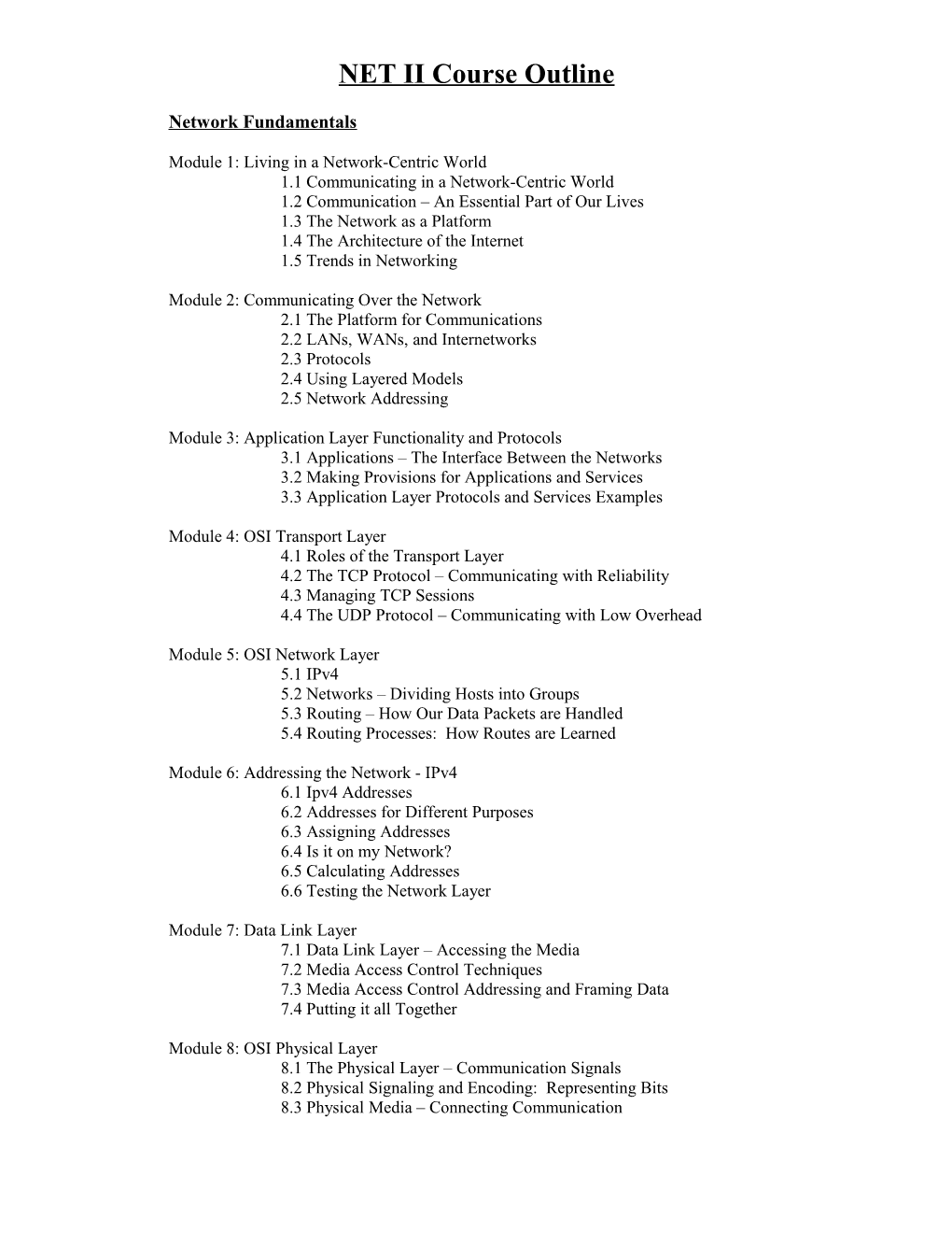 CCNA 1 Course Outline