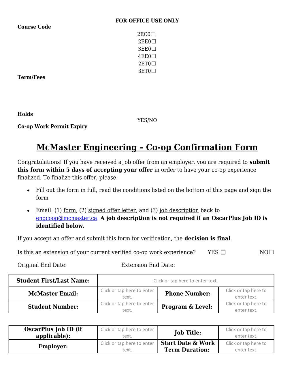 Mcmaster Engineering Co-Op Confirmationform