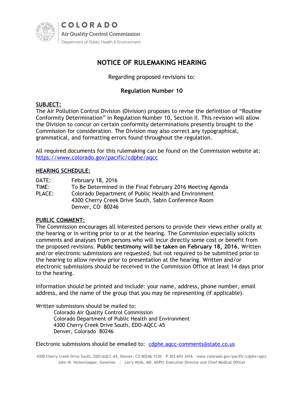 Notice of Public Rulemaking Hearing