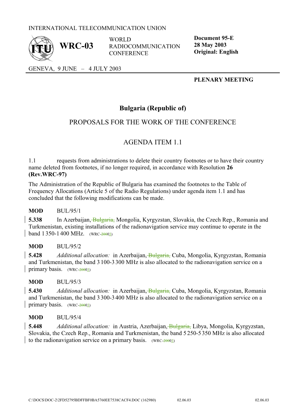 Proposals for the Work of the Conference: Agenda Item 1.1