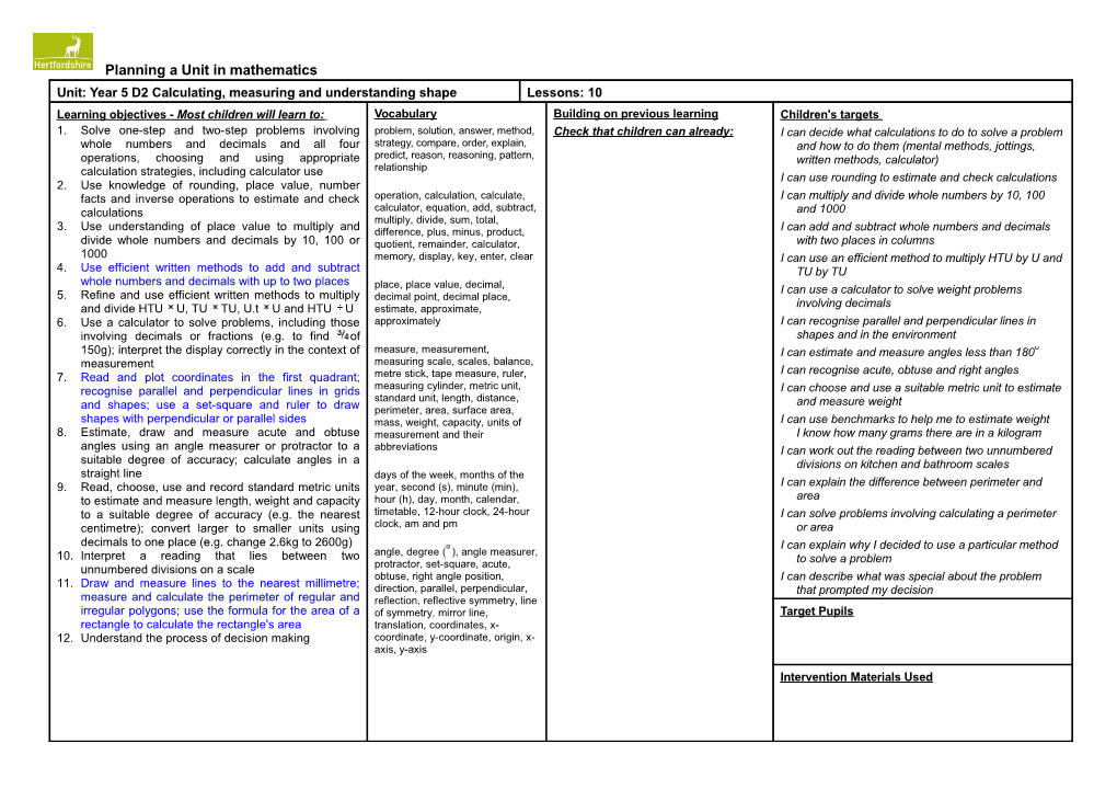Unit: Year 5 D2 Calculating, Measuring and Understanding Shape