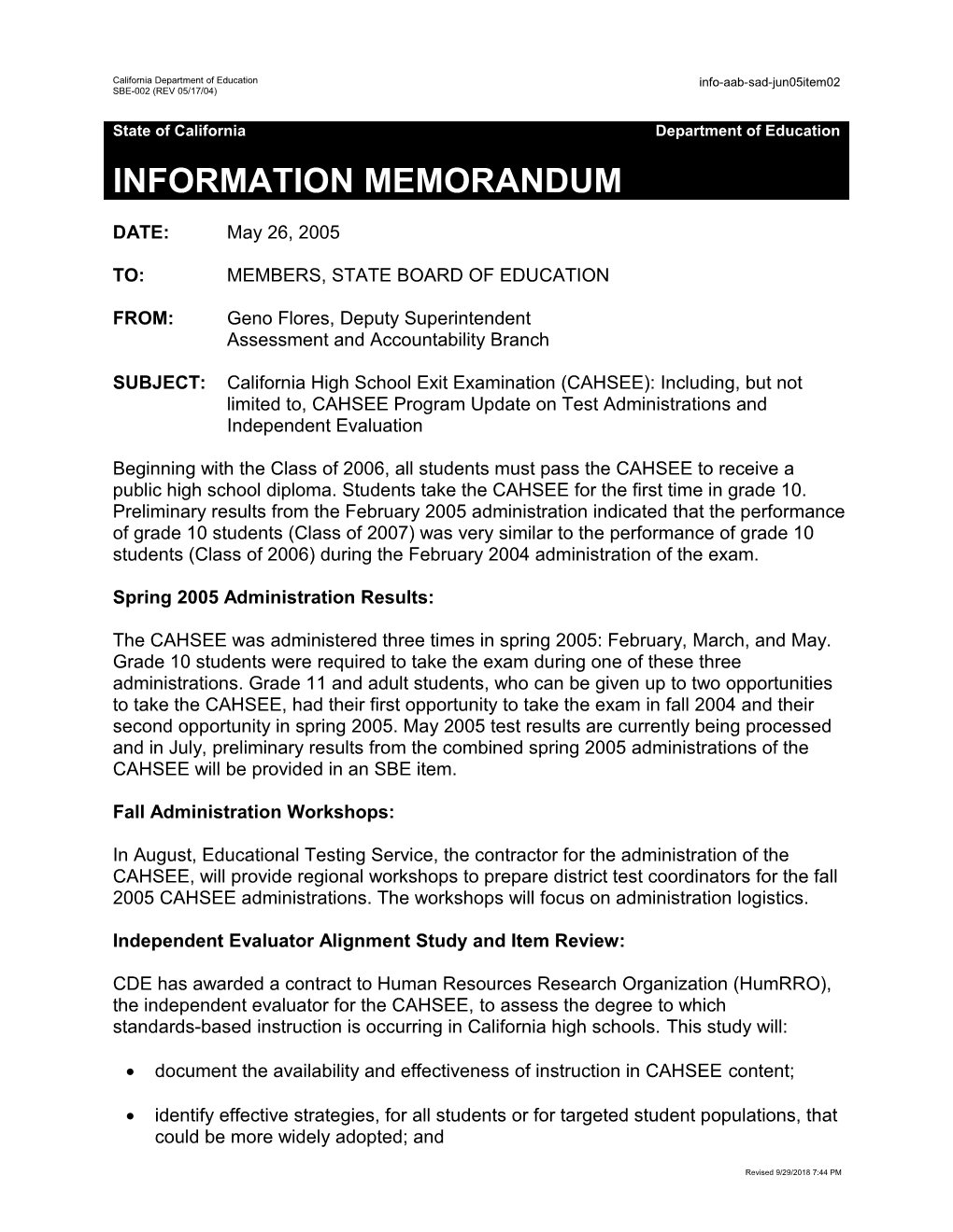 June 2005 AAB-SAD Item 02 - Information Memorandum (CA State Board of Education)