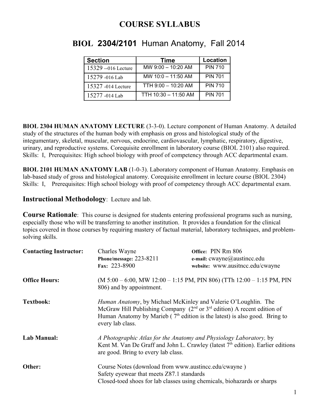 BIOL 2304/2101 Human Anatomy, Fall 2014