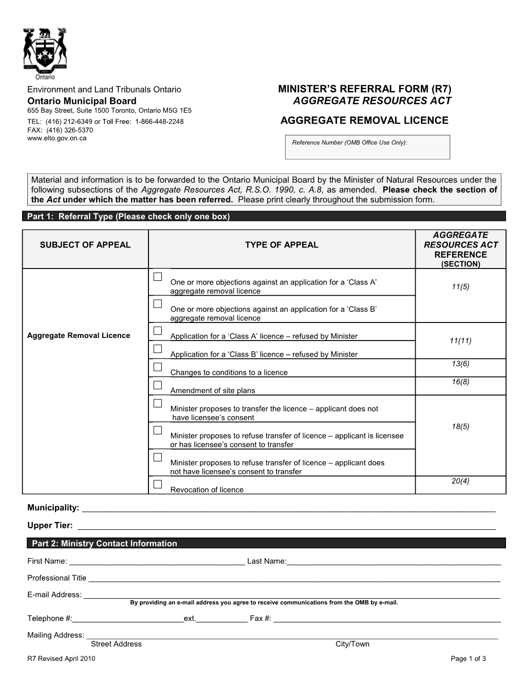 Ontario Municipal Board MUNICIPAL SUBMISSION FORM