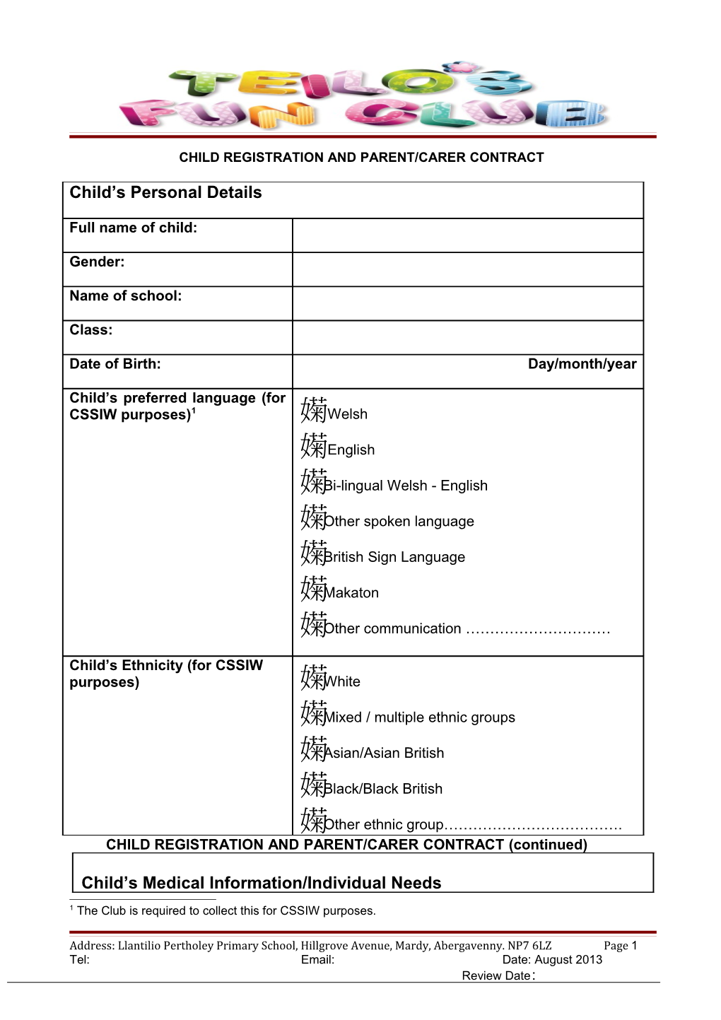 Child Registration and Parent/Carer Contract