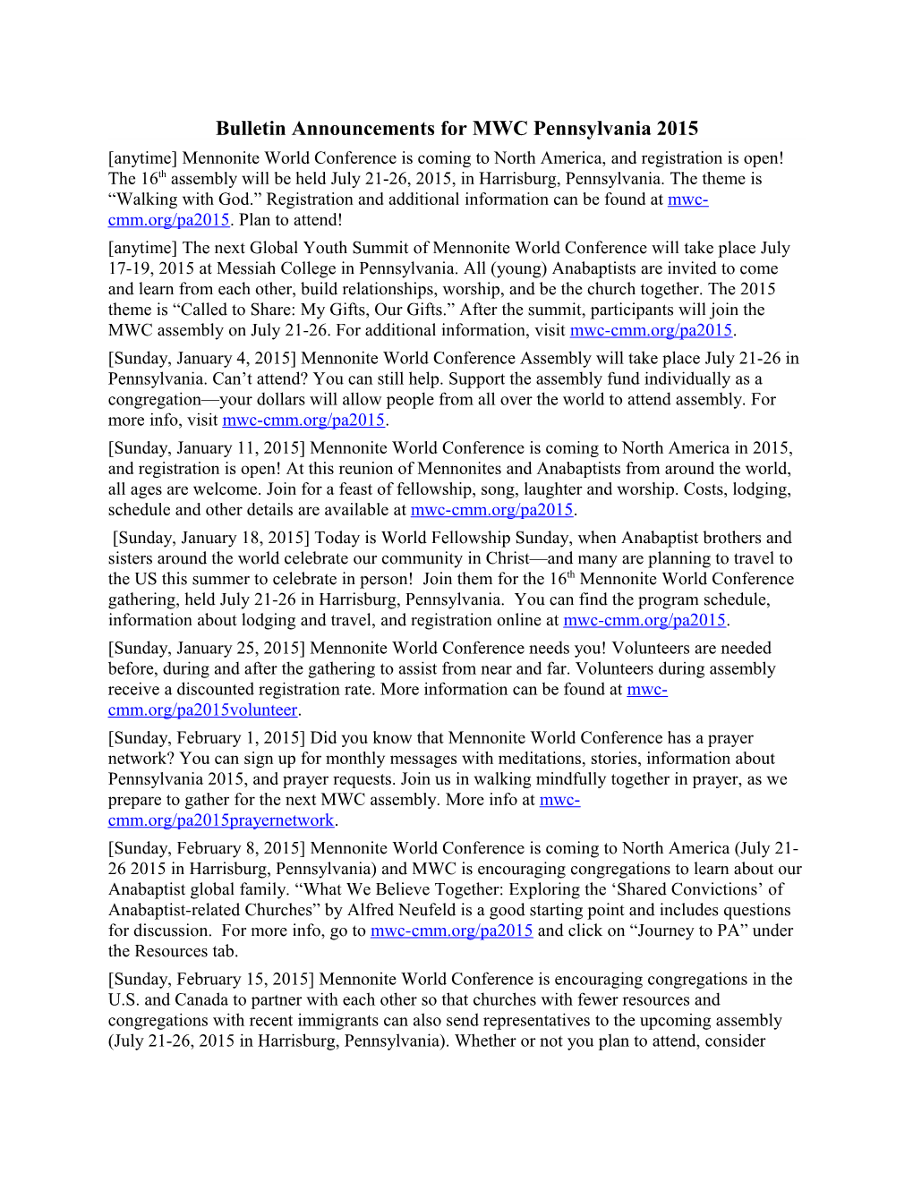 Bulletin Announcements for MWC Pennsylvania 2015