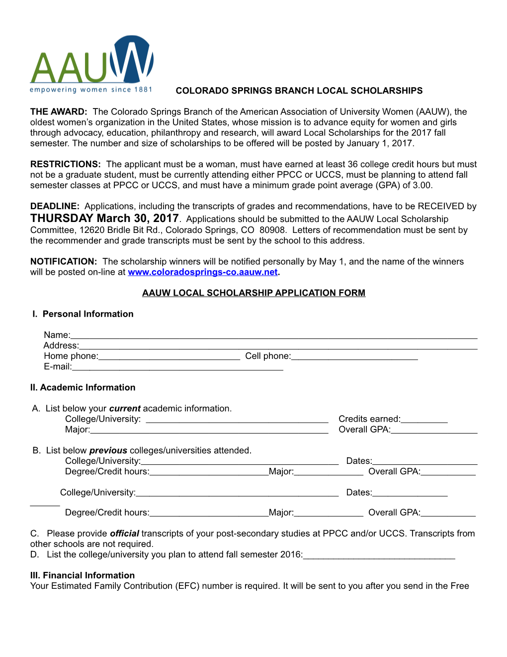 Aauw Local Scholarship Application Form