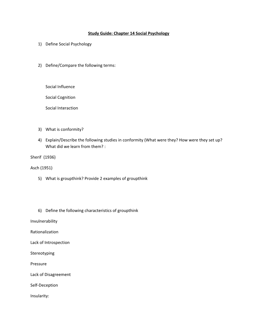 Study Guide: Chapter 14 Social Psychology