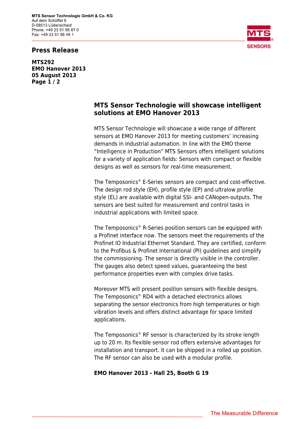 MTS Sensor Technologie Will Showcase Intelligent Solutions at EMO Hanover 2013