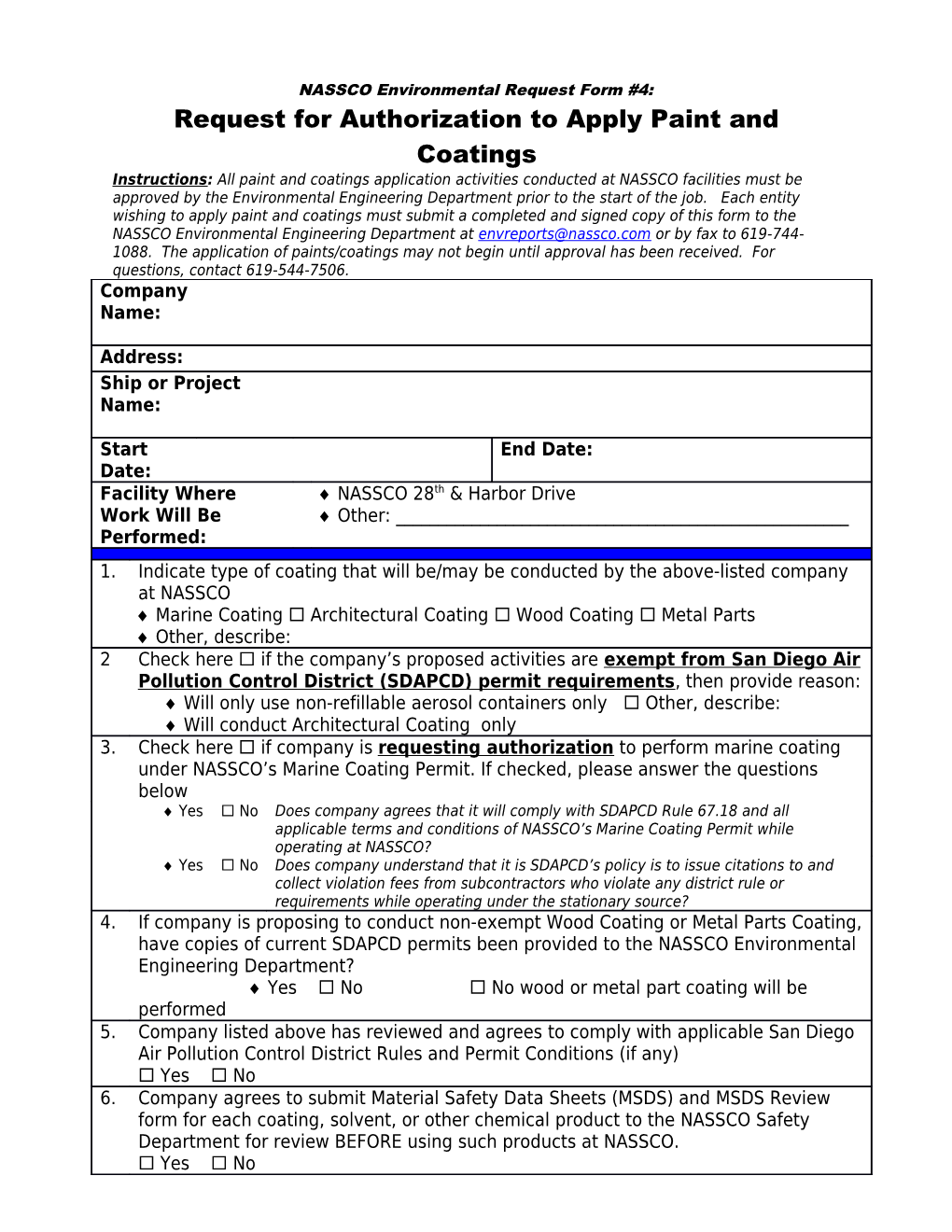 Application for Authorization to Apply Paints Or Coatings