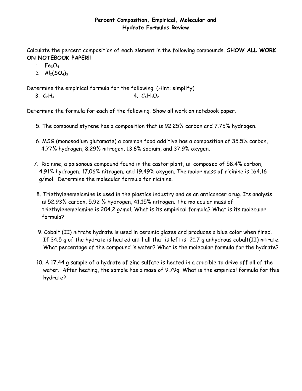 Percent Composition and Empirical Formula Quiz