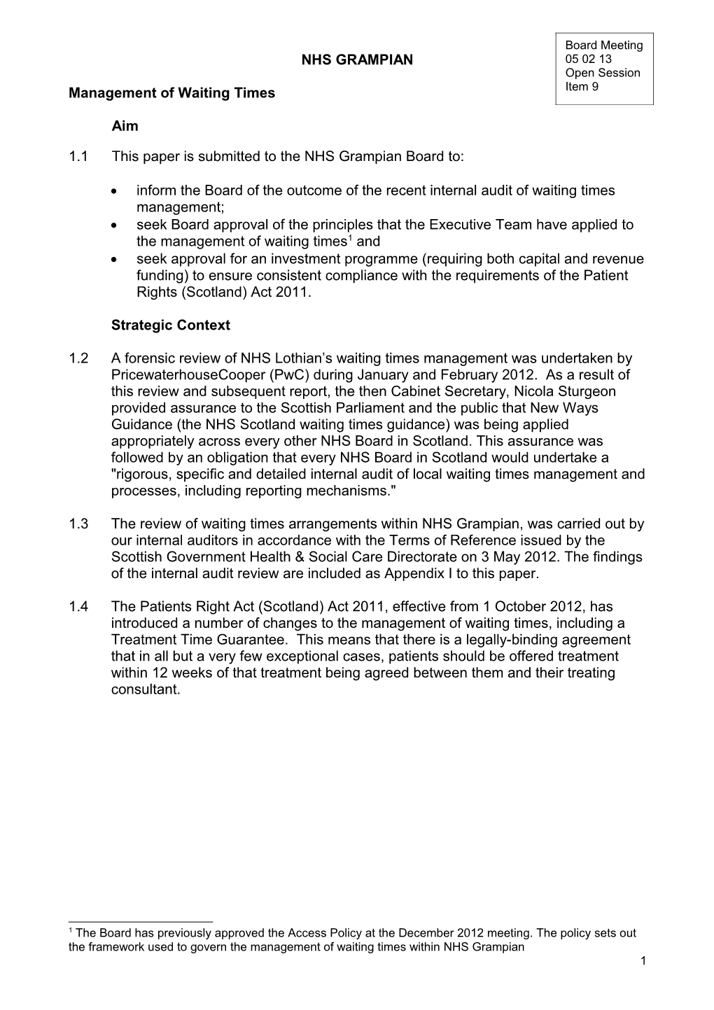 Item 9 for 5 Feb 13 Management of Waiting Lists Cover Paper