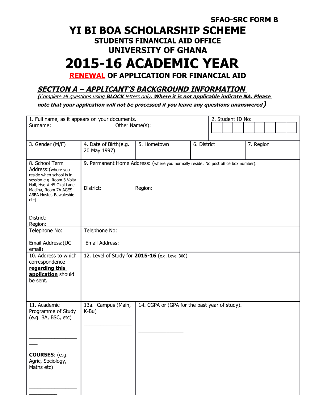 Application for Student Financial Aid
