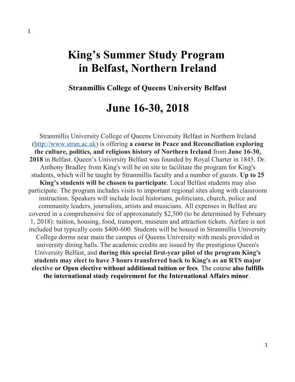 King S Summer Study Program