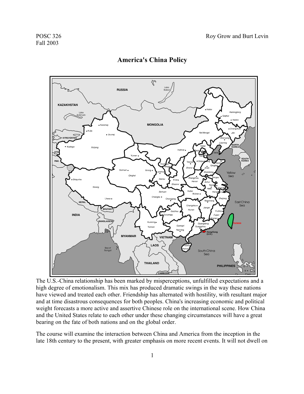 POSC326 America's China Policy Spring 99 (Levin)