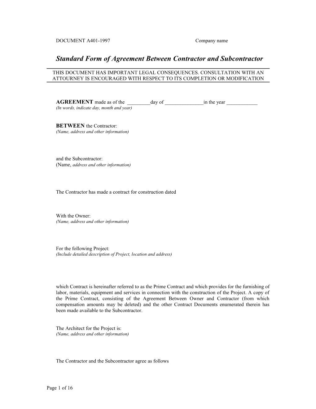 Standard Form of Agreement Between Contractor and Subcontractor