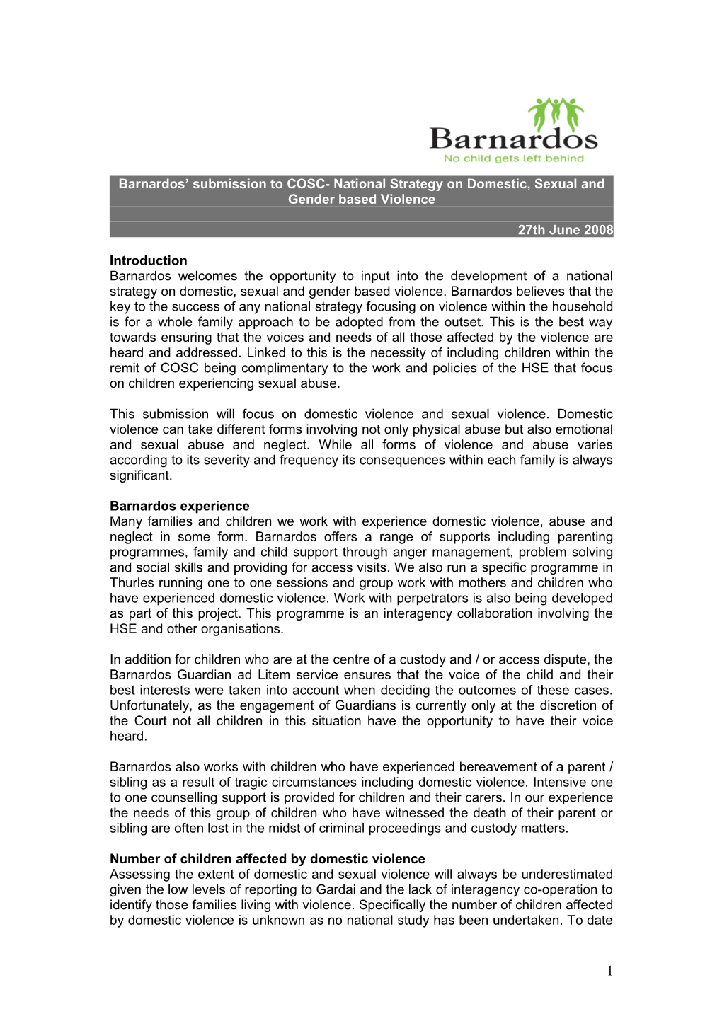 Barnardos Submission to COSC- National Strategy on Domestic, Sexual and Gender Based Violence