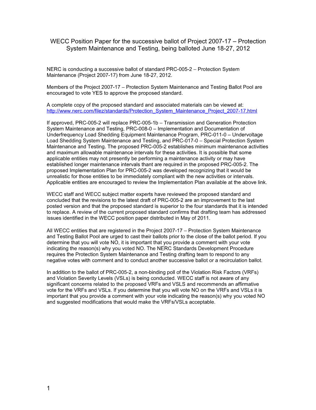 2007-17 06-22-12 WECC Position Paper on PRC-005-2